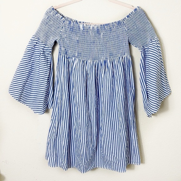Zara Woman Off Shoulder Shirred Tunic or Mini Dress Coastal Stripe White Blue XS - Picture 2 of 9